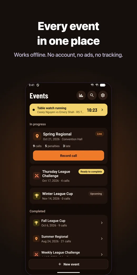 Every event in one place. Works offline. No account, no ads, no tracking.