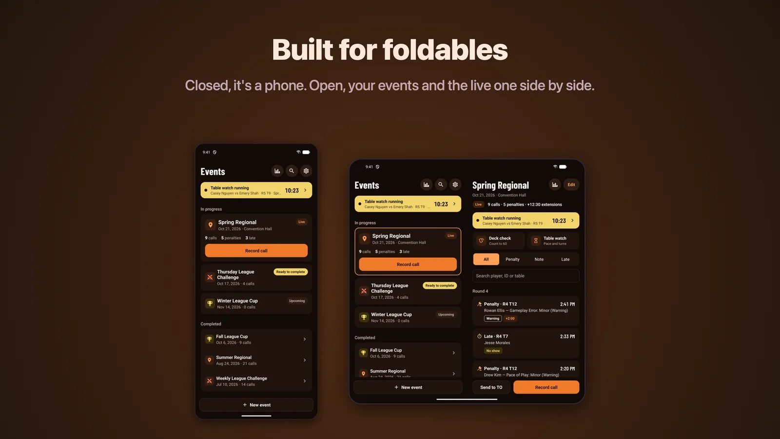 Judge Call on a foldable, showing the event list beside an open event with its calls.