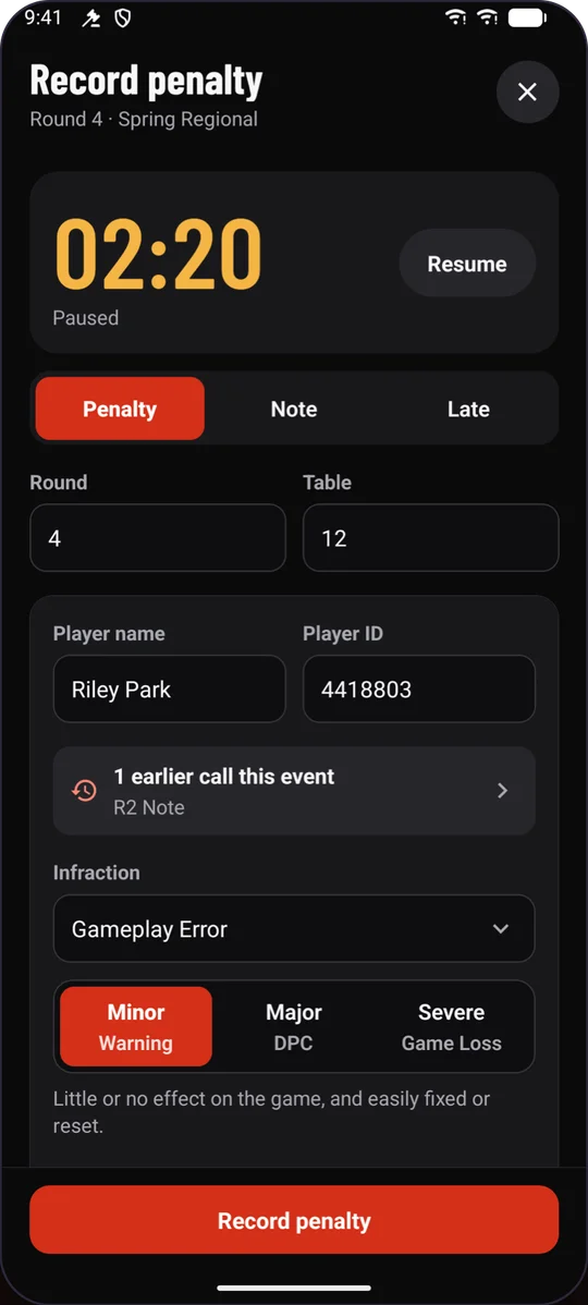 The Record penalty screen in Judge Call: a paused call timer at 2:20, Round 4, Table 12, player Riley Park, Gameplay Error selected with Minor (Warning) chosen.