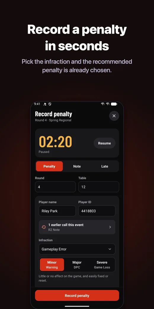 Record a penalty in seconds: pick the infraction and the recommended penalty is already chosen.